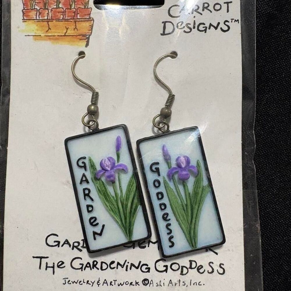 Garden Goddess" dangle earrings featuring hand-painted purple iris design